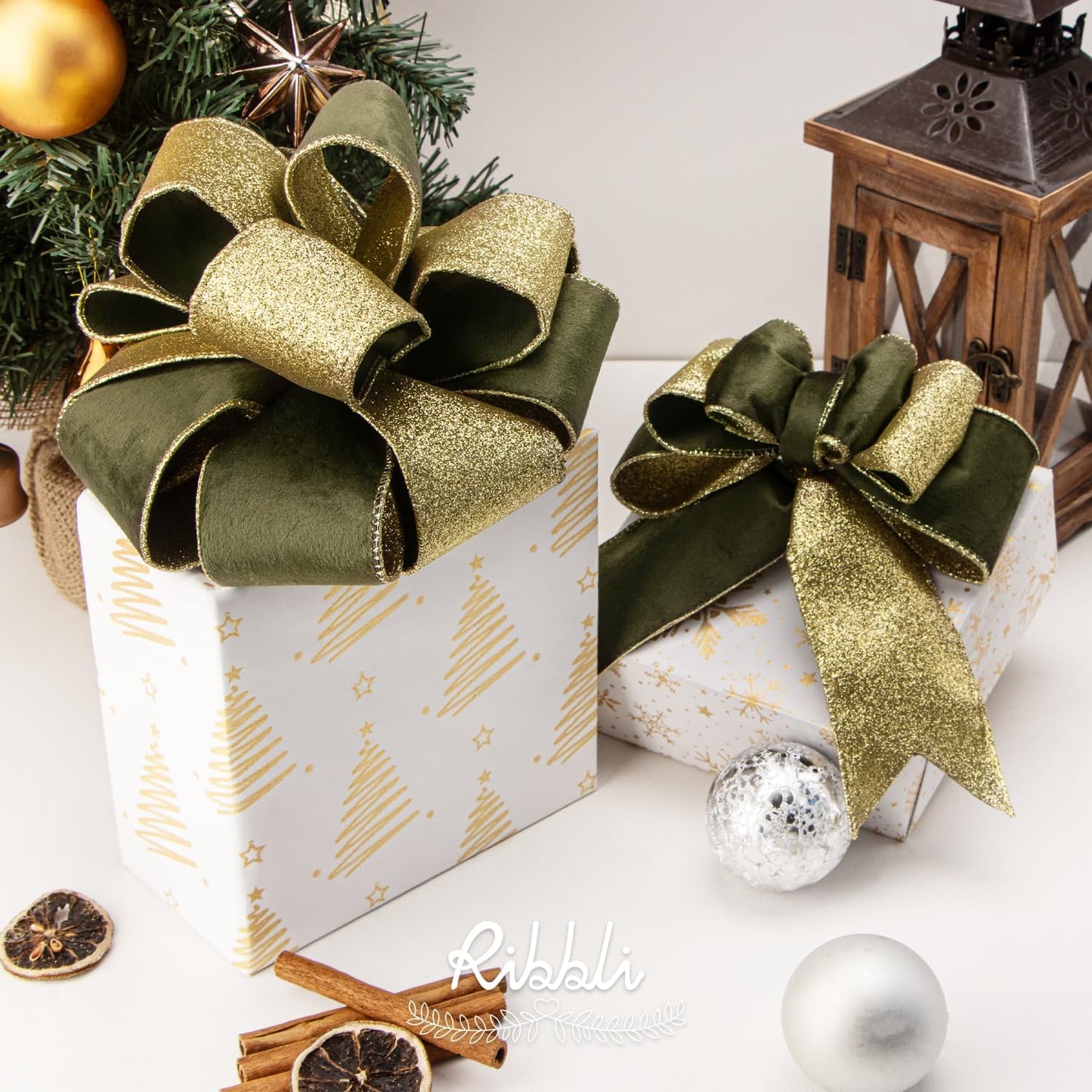 Ribbli Dark Moss Velvet Wired Ribbon 2.5 Inch Moss Green Velvet with Gold Glitter Christmas Ribbon for Christmas Tree Decoration Big Bow Gift Wrapping Crafts Wreaths Supplies- 10 Yards