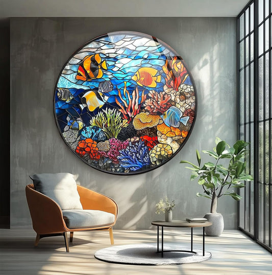 My Photostation.com 31.5''(80cm) Diameter Coral Reef Mosaic Round Glass Wall Art Tempered Glass Printing Wall Decor Large Wall Art Wall Hangings