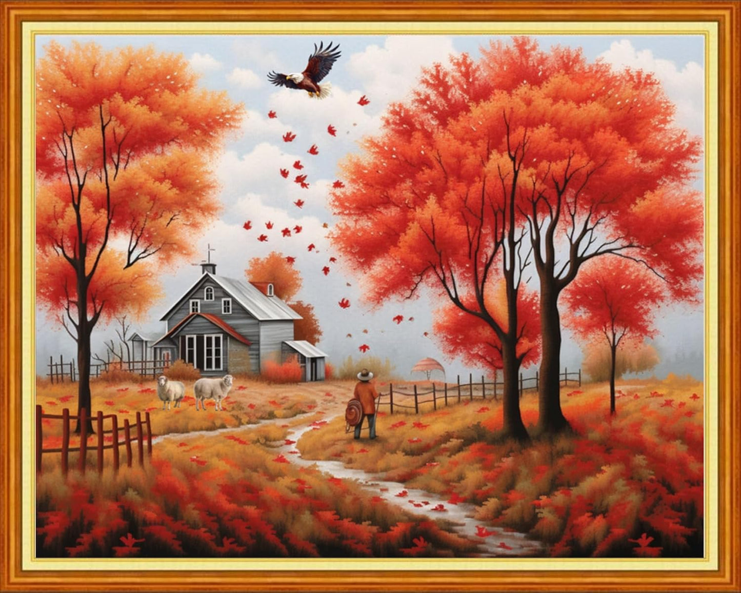 Stamped Cross Stitch Kits - Beach Night Landscape Counted Cross Stitch Kits for Beginners Adults Needlepoint Cross-Stitch Patterns-Golden Autumn Scenery 16x20 inchs