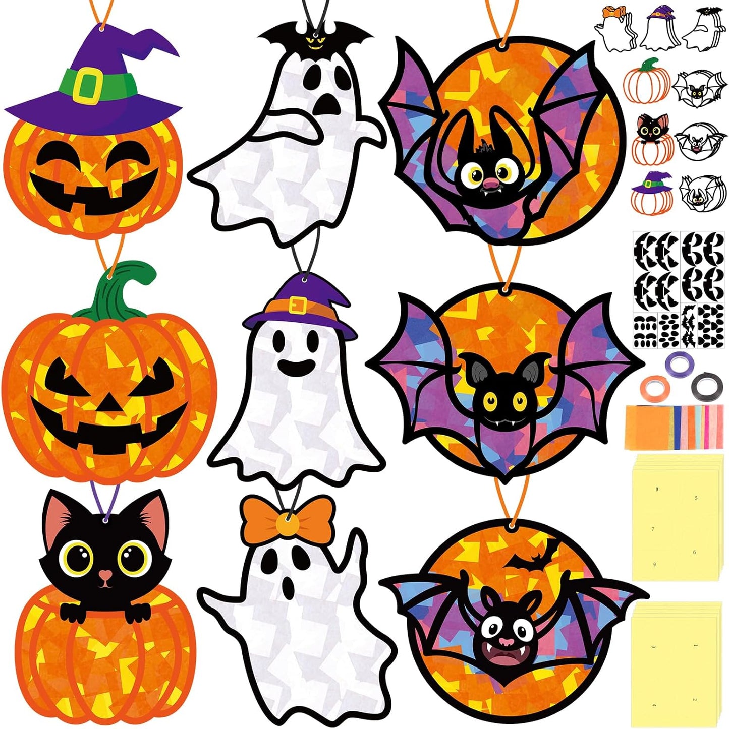 Renbuzhu 40PCS Halloweens Crafts Bulk: Ghosts Pumpkins Paper Suncatchers DIY Kit Party Activities Decorations, Window Stained Glass Effect Art Supplies