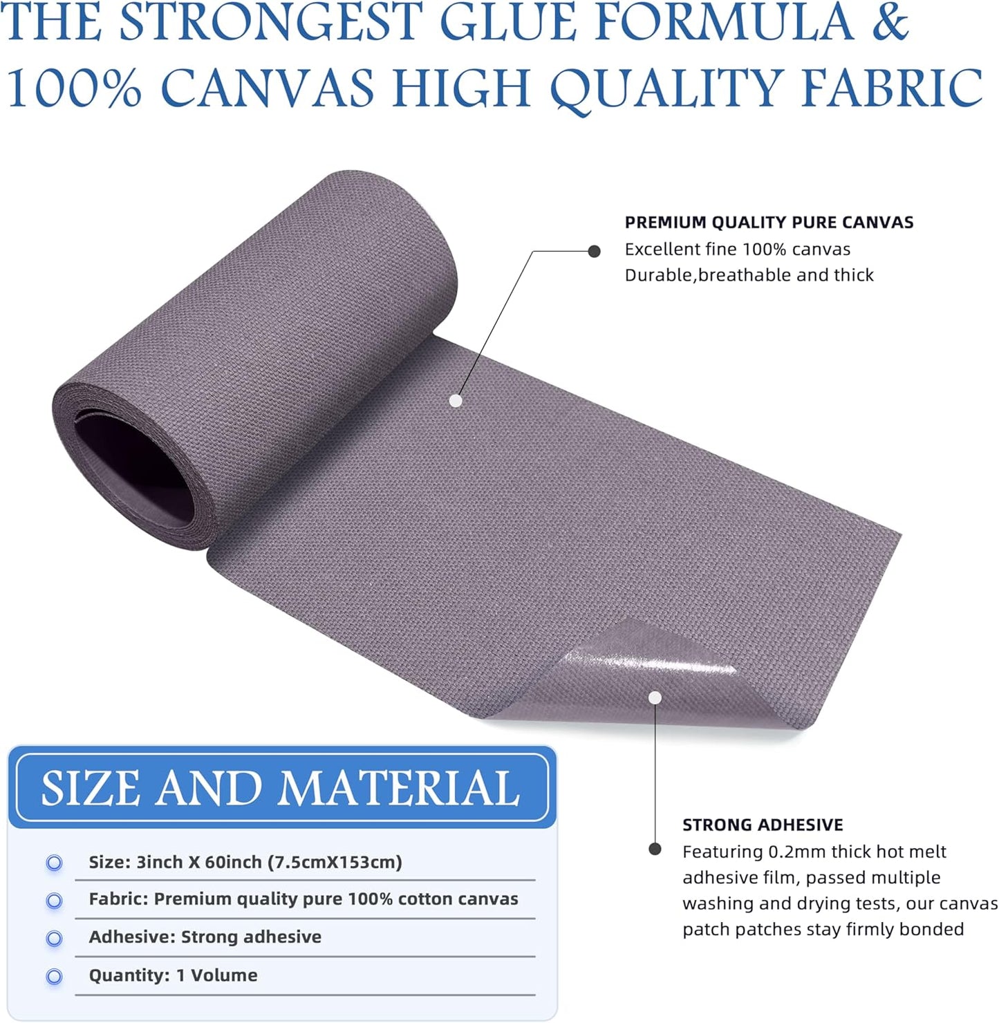 KING MOUNTAIN Canvas Iron on Patch,3"×60",Waterproof 100% Cotton Fabric Repair Patch,Used for Various Sofa,Tent,Clothes,Seats,Suitcases (Gray)