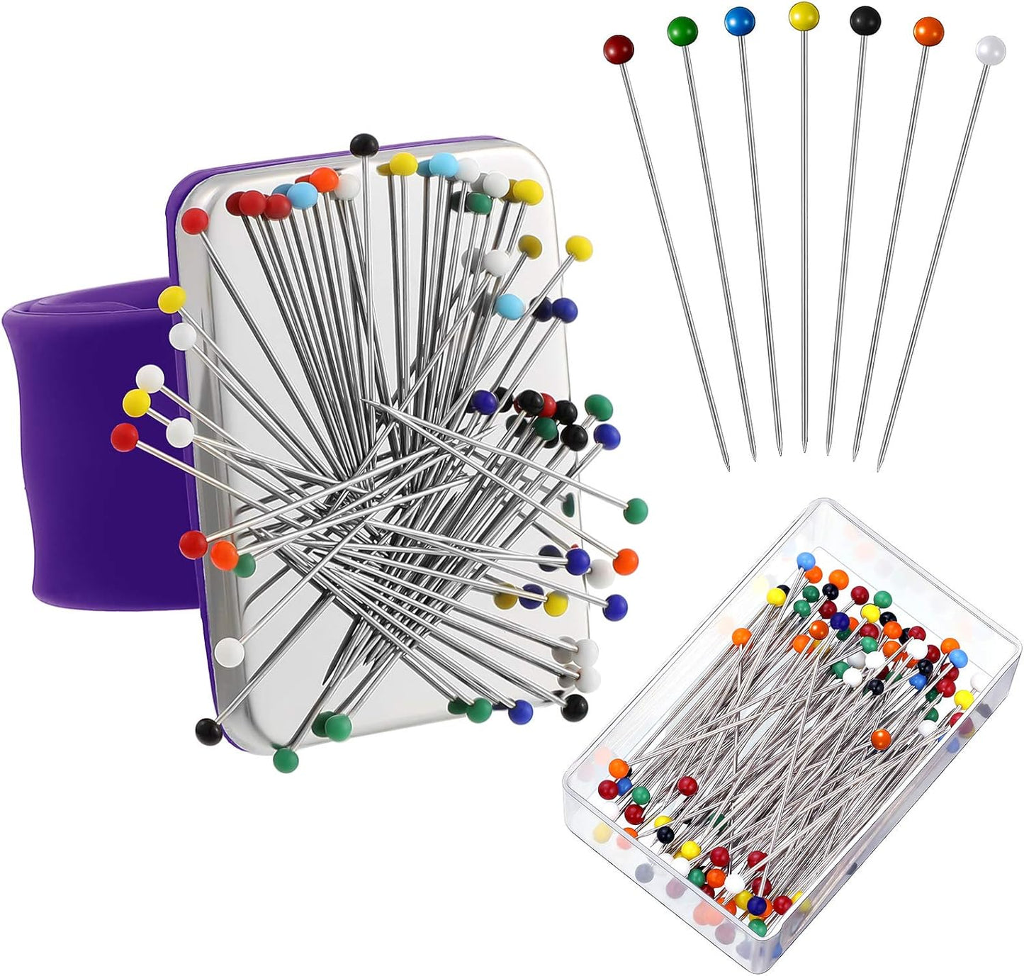 Magnetic Wrist Sewing Pincushion with 100 Pieces 1.5 Inch Ball Head Sewing Pins Set Wrist Magnetic Pin Holder Gift Supplies(Purple)