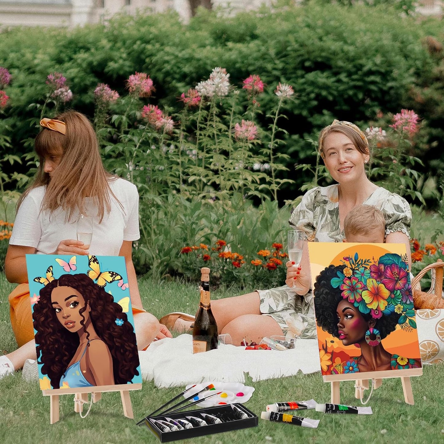 Cholemy 36 Pcs Paint and Sip Kit for Adults 8''x10'' Pre Drawn Canvas for Painting DIY Afro Acrylic Painting Kit Wood Easel Brushes Date Night Bulk for Christmas Party Gifts(Flowers Woman)