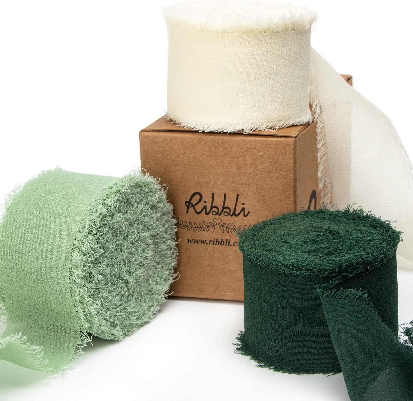 Ribbli Green Chiffon Ribbon1.5 inch x 30 Yard Handmade Silk Ribbon for Wrapping,Ivory Sage Forest Green Fringe Chiffon Ribbon for Wedding Invitations, Bridal Bouquets, Flower Arrangement Decoration