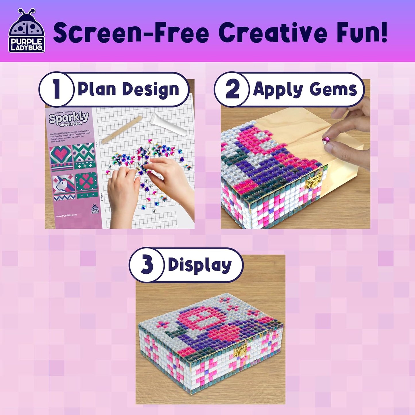 PURPLE LADYBUG Sparkly DIY Wooden Jewelry Box Craft for Girls 8-12 with 1500+ Non-Toxic Gems - Christmas & Birthday Gift for 4 5 6 7 8 9 10 11 12 Girl, Girls Toys 8-10 - Mosaic Mermaid Unicorn Design