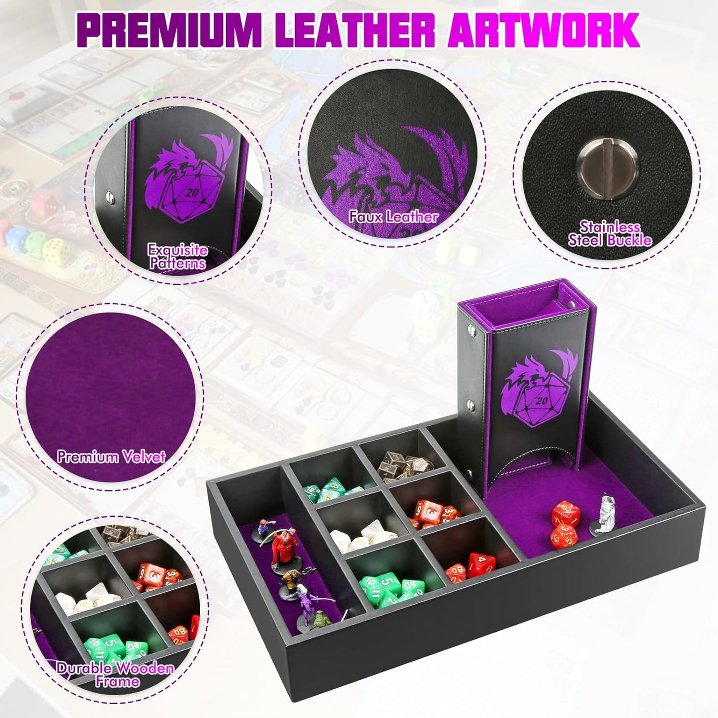 DND Dice Tray & Tower Storage Box, 4 in 1 D&D Dice Holder Case (Dice Rolling Tray, Dice Roller Tower, Dice & Miniature Storage), Great RPG Accessories Gifts for Dungeons and Dragons MTG DM & Player