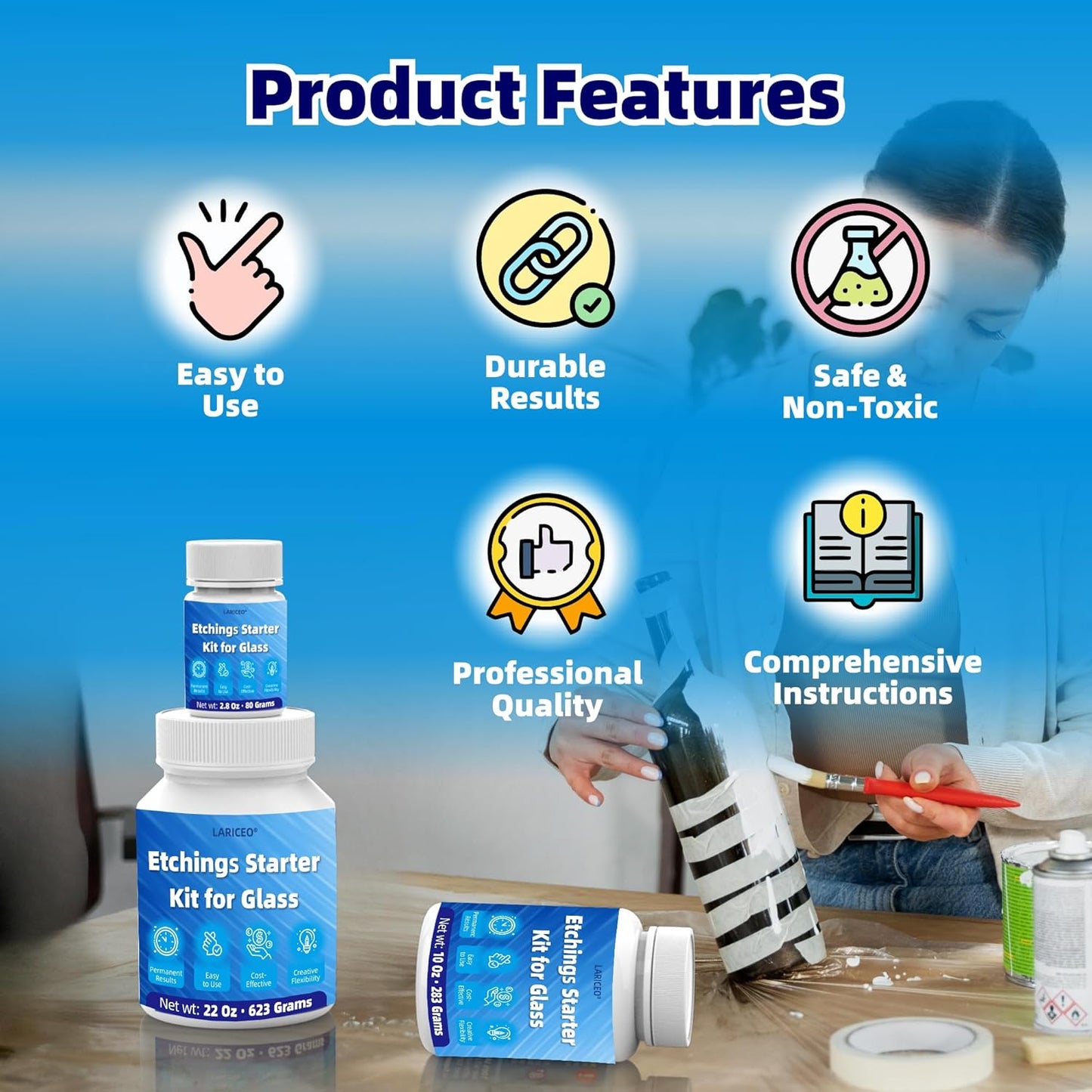 10oz Professional Etching Starter Kit for Glass with 6 Tools, Create Permanently Etched Designs, Art Frosted Glass Cream Kit for Etching Intricate Designs - Perfect for Mirrors, Windows, Glassware