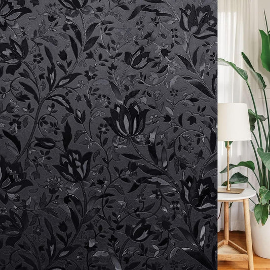 LEMON CLOUD Total Blackout Window Film Privacy Static Cling Frosted Black Window Covering 100% Opaque Film Tint Darkening Removable Film for High Privacy，(Blackout Tulip Design,35.4 x118.1 inches)