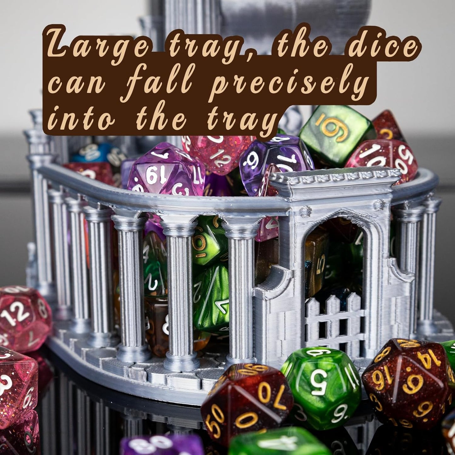 DND Dice Tower with Tray for Role Playing Game,Dungeons and Dragons,D&D,TRPG,7PCS Dice Included,Perfect Ancient Roman Castle Theme Dice Rolling Tower (Classic Grey Color)