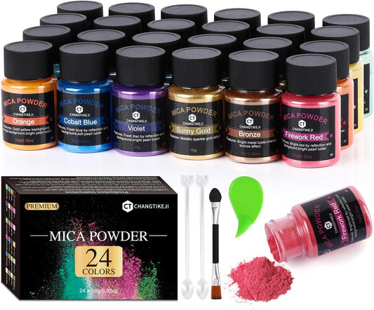 CHANGTIKEJI Mica Powder，24 Colors - 10g/Bottle of Natural Pigment Powder for Epoxy Resin，Soap Making，Candle Making,Lip Gloss,Car Freshies,Dye,Nail Polish,Bath Bombs
