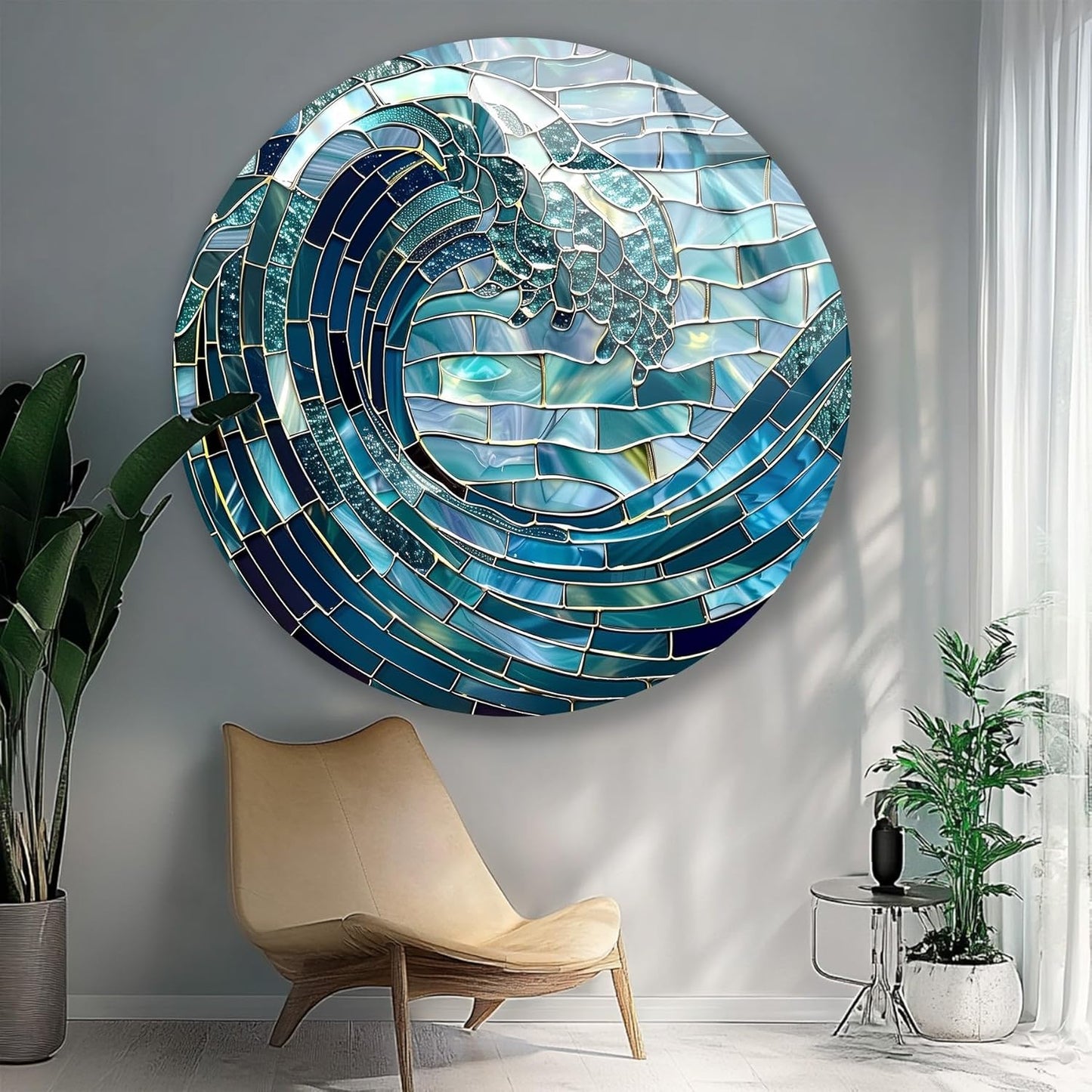 My Photostation.com 31.5''(80cm) Diameter Ocean Wave in Blue Mosaic Round Glass Wall Art Tempered Glass Printing Wall Decor Large Wall Art Wall Hangings