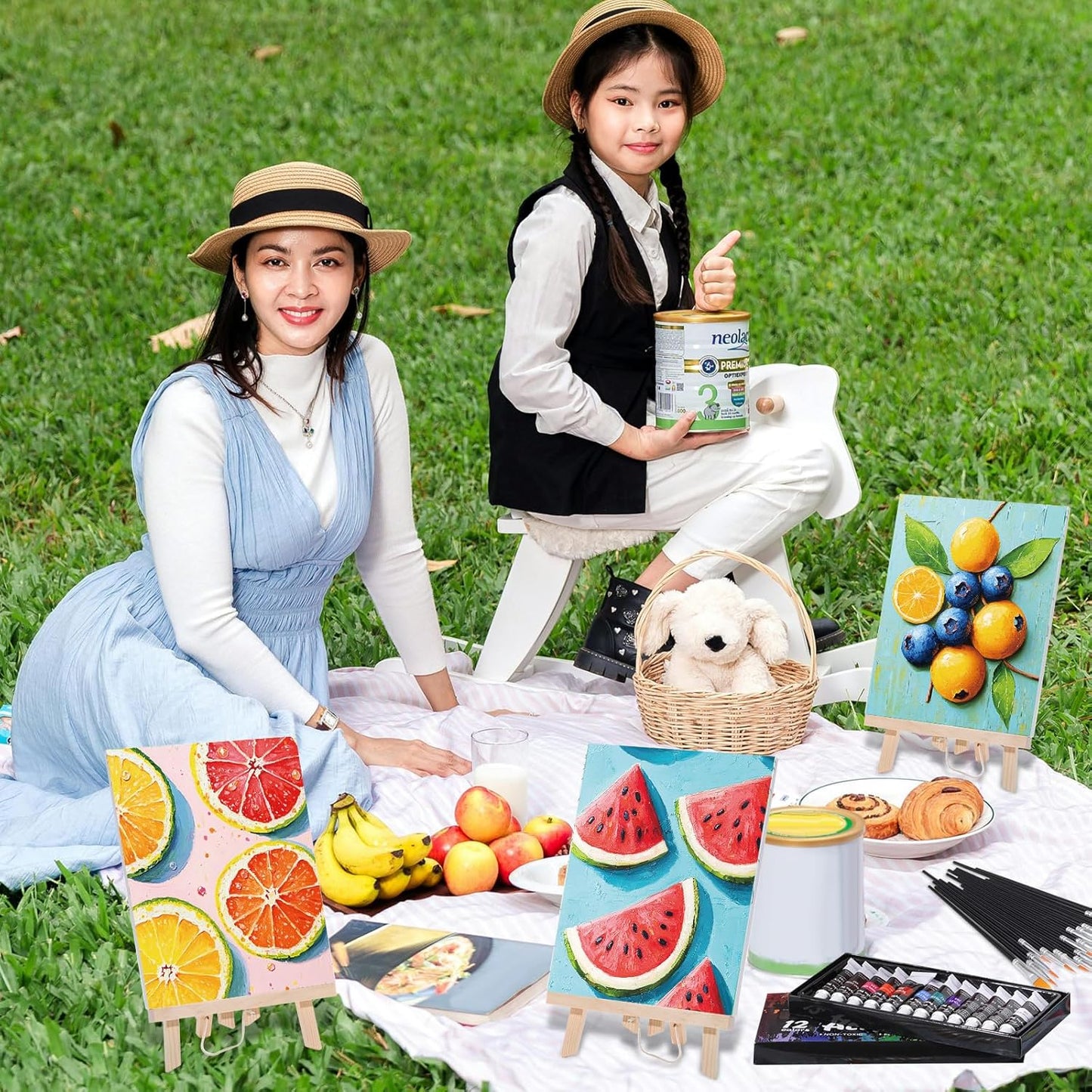 Cholemy 36 Pcs Paint and Sip Kit for Adults 8''x10'' Pre Drawn Canvas for Painting DIY Afro Acrylic Painting Kit Wood Easel Brushes Date Night Bulk for Christmas Party Gifts(Colorful Fruits)