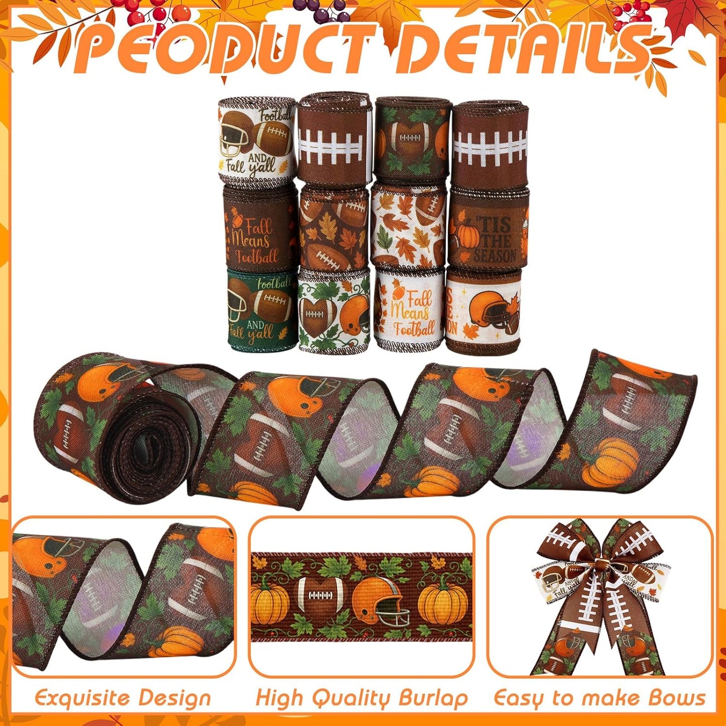 12 Rolls Fall Football Wired Edge Ribbon for Wreaths 2 Inch x 60 Yards Maple Leaves Pumpkin Football Print Ribbon Crafts for Thanksgiving Harvest Party Decorative Supplies, 12 Styles