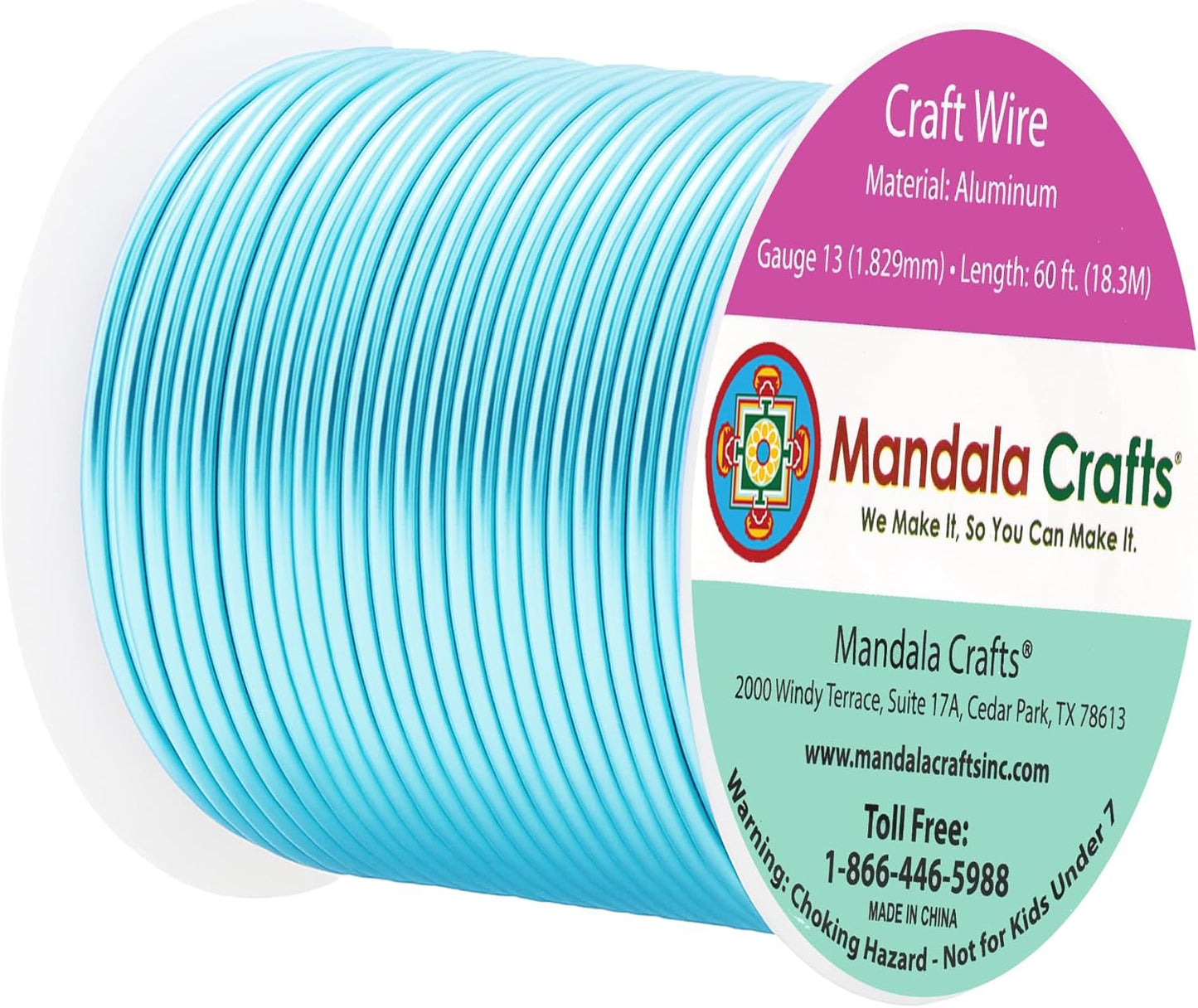 Mandala Crafts 13 Gauge Anodized Aluminum Craft Wire for Jewelry Making - 60 FT Colored Flexible Turquoise Wire - Bendable for Bonsai Armature Crafting Sculpting