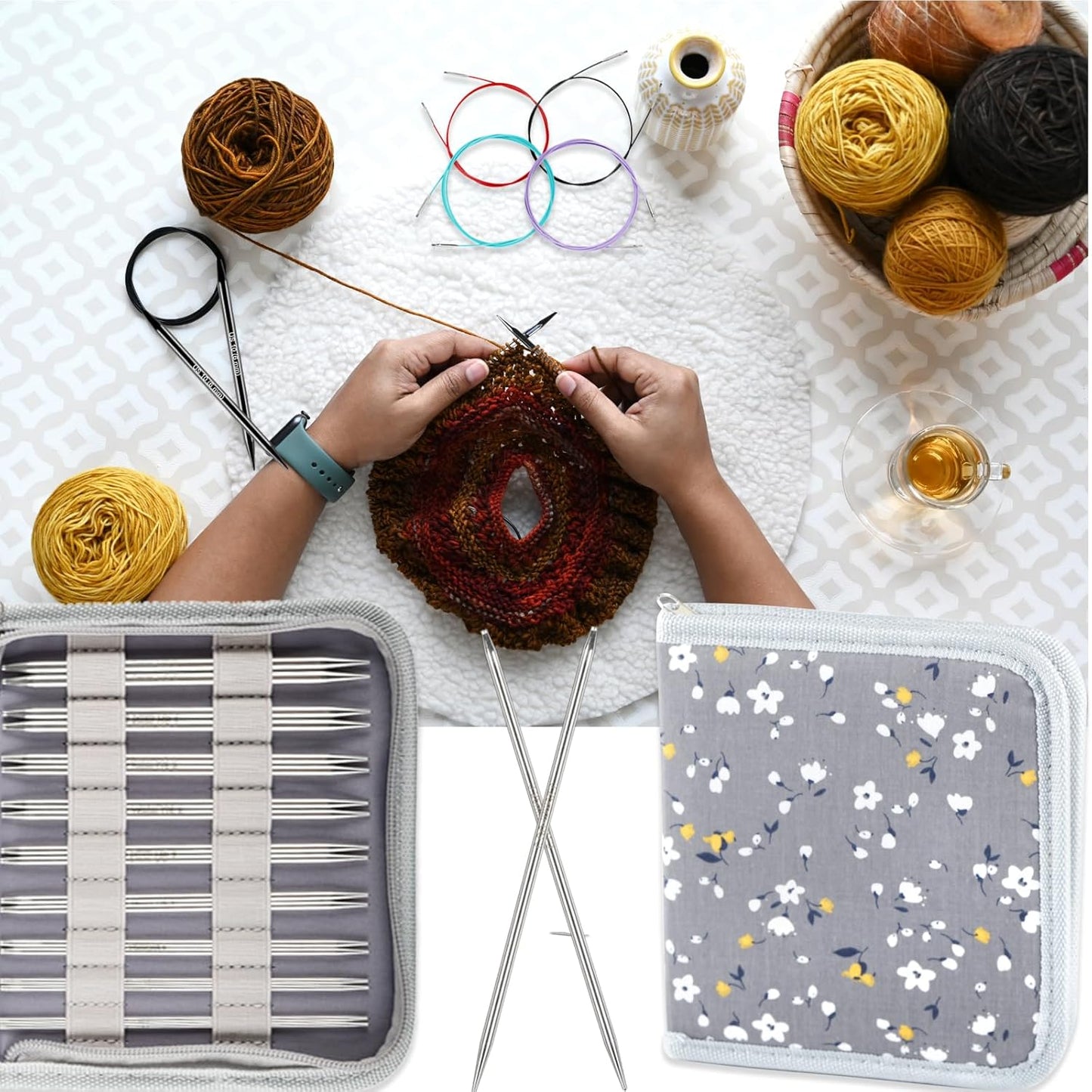 Svartur Lace Interchangeable Circular Knitting Needles, 5" Stainless Steel Interchangeable Knitting Needles Magic Loop for Socks, Gloves, US 0-8 Small Knitting Neeldes Lace-Tip with 4 Assorted Cables