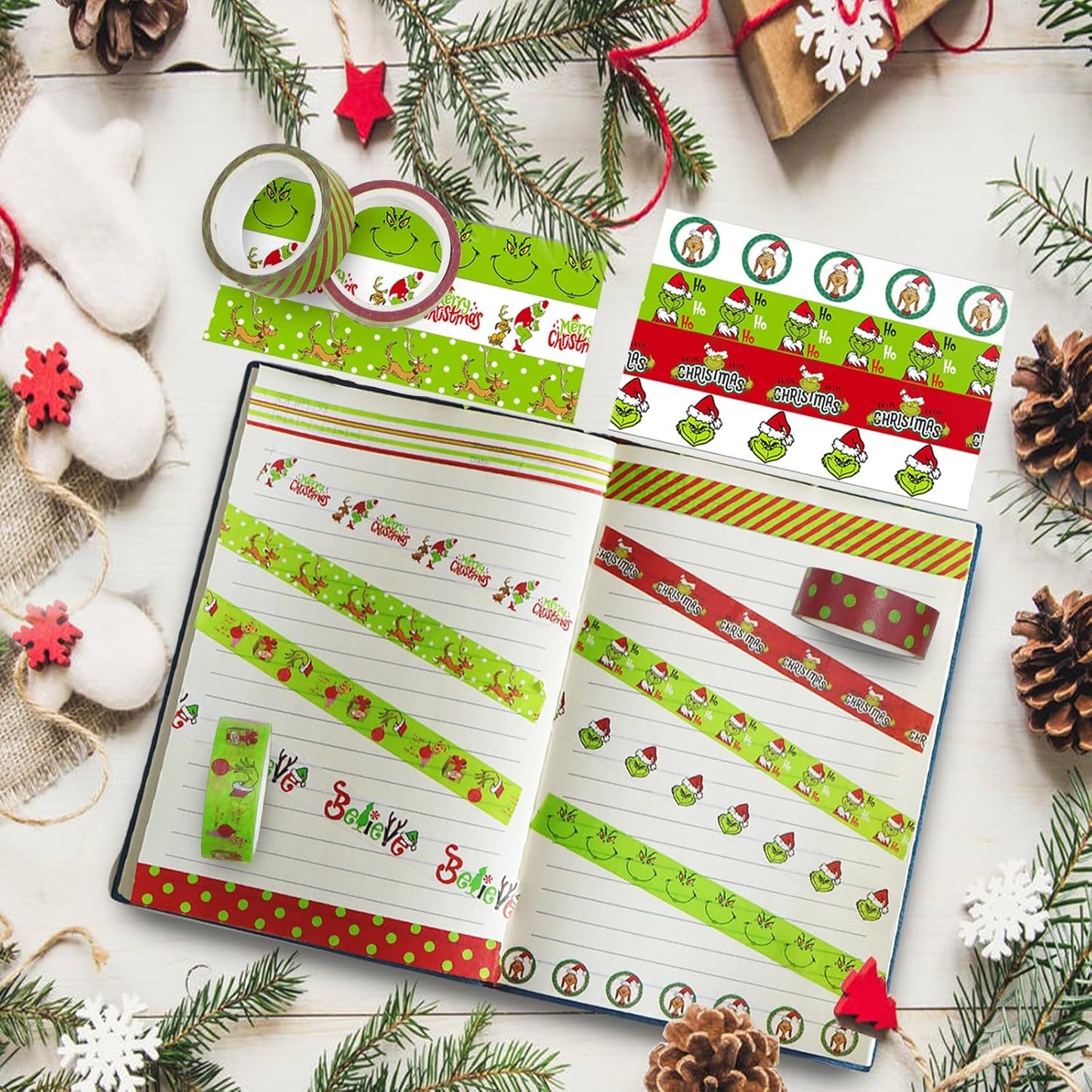 Christmas Washi Tape Set - 12 Rolls with Funny Cartoon Character Design in Green and Red for Festive Crafting and Gift Wrapping - 196.85ft Total Length