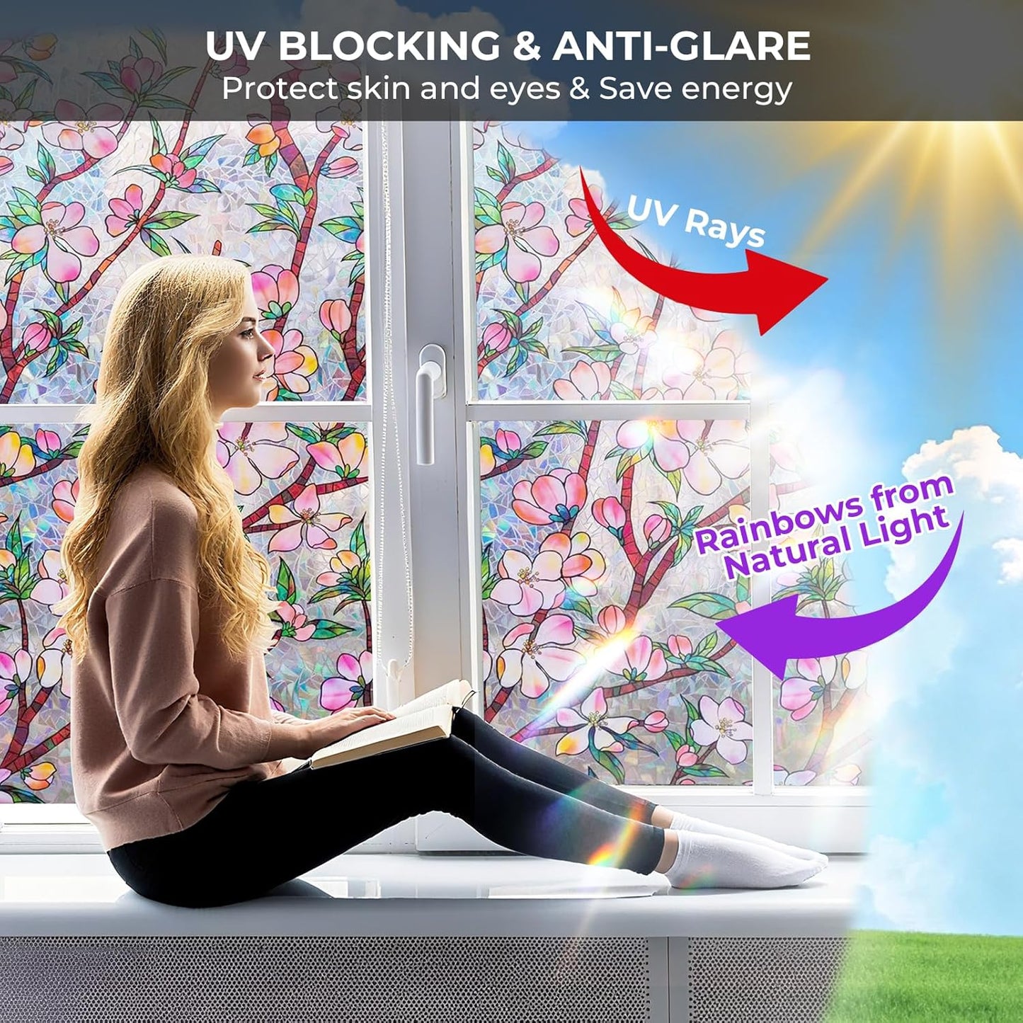 Window Privacy Film Rainbow Film Stained Glass 3D Static Cling Decorative Window Sticker for Bathroom,Front Door,Home Heat Control UV Blocking Non Adhesive,Peach Blossom 17.5 x 78.7 inches