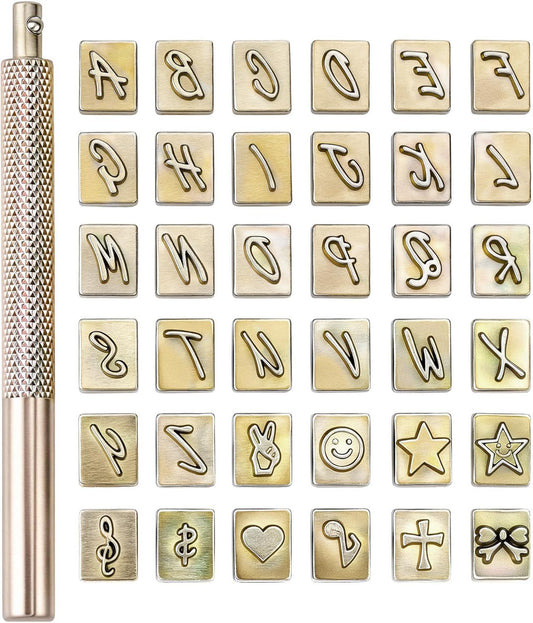 Yoption 37 Pieces Leathercarft Stamping Tool Set, 26 Letters Alphabet & 10 Patterns Stamping Tool 6mm +1 Stamping Handle for Leather Craft