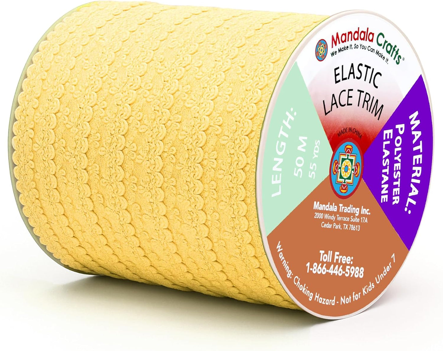 Mandala Crafts Yellow Stretch Lace Soft Elastic Trim Roll - 55 Yards 1 Inch Wide Stretchy Frilly Picot Ribbon for Sewing Lingerie, Headbands, Underwear, and Crafts