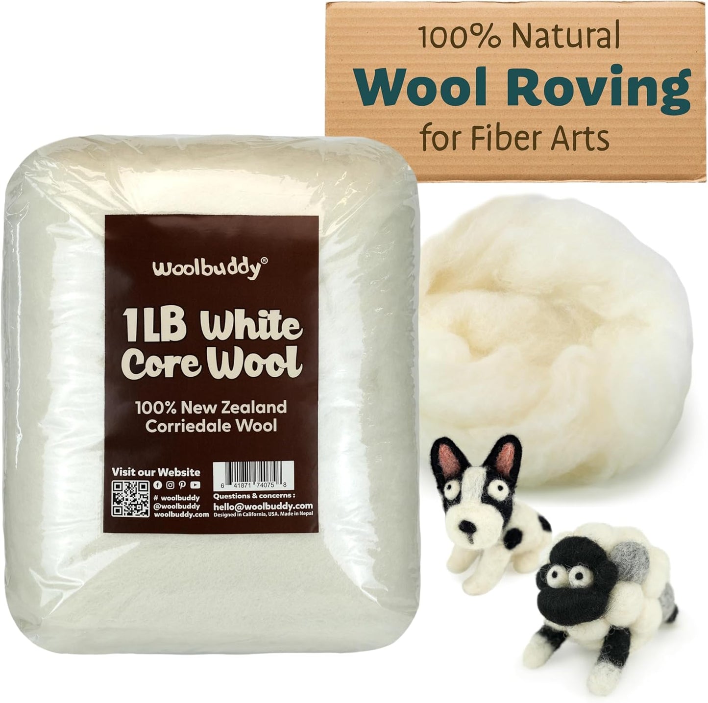 Woolbuddy Needle Felting Wool, Carded Core Wool, White Roving for Wet Painting, DIY Dryer Balls, Felting Pads, Supplies, and Bulk Chunky Yarn (15.7oz)