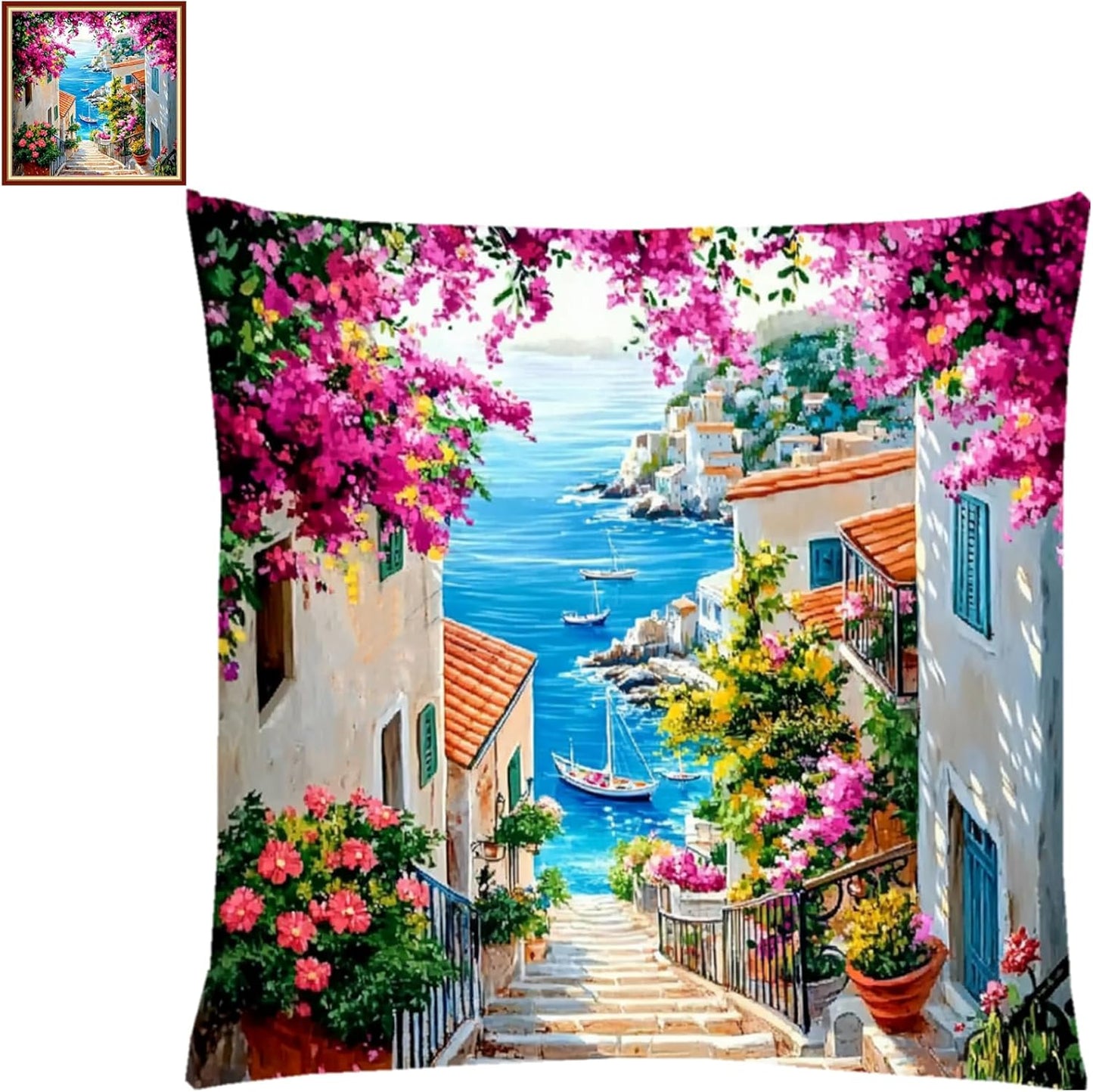 Fanxvivy Stamped Cross Stitch Kits for Adults Beginners Pillow Needlepoint Kit with Embroidery Pattern Needlework Kit Prestamped Stitches Kit 11CT Cross Stitching-Seaside Flower Street 18x18 inch