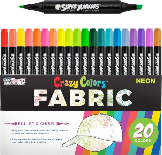 Super Markers 20 Unique Neon Colors Dual Tip Fabric & T-Shirt Marker Set - Double-Ended Fabric Markers with Chisel Point and Fine Point Tips - Ultra-Bright, Vibrant Bold Permanent Ink Colors, Clothing