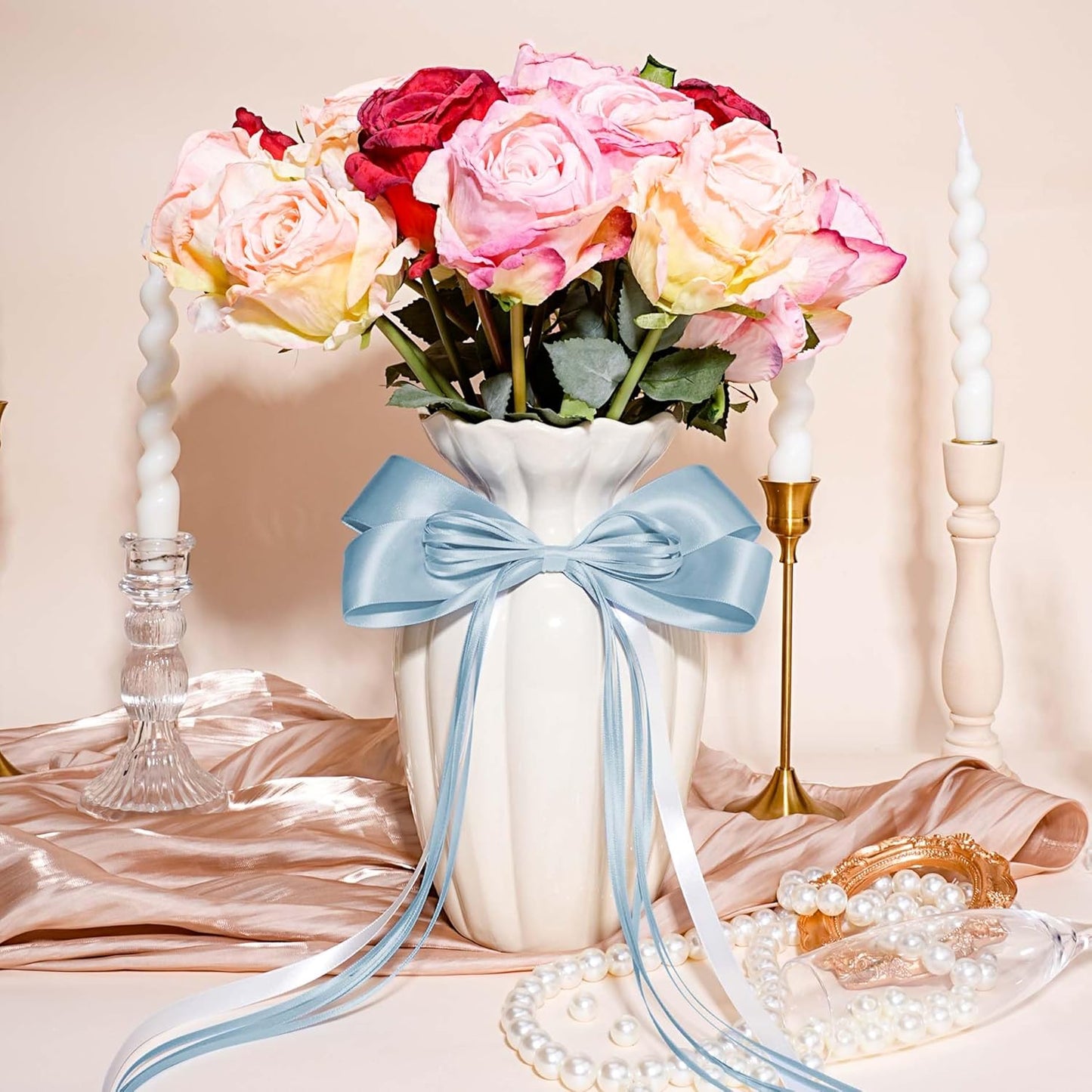 LaRibbons Light Blue Satin Ribbon 1 1/2 Inch 50 Yards Thin Luxury Double Faced Sky Blue Silk Ribbon for Flower Bouquet Crafts Gift Wrapping Wedding Babyshower Decoration