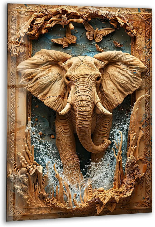 My Photostation.com 18Wx28H'' Elephant Carving Glass Wall Art Tempered Glass Printing Wall Decor Large Wall Art Wall Hangings