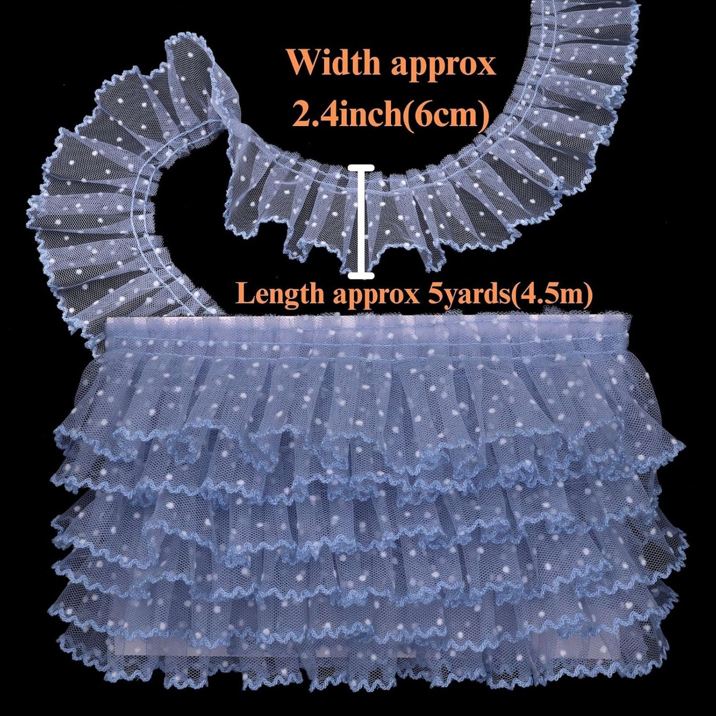 Dots Lace Ruffle Trim for Sew, Crafts 2.4" x5yd Single Layer Pleated Edge Lace Ribbon (Blue)