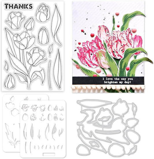 ORIGACH Realistic Tulips Stamps and Die and Layering Coloring Stencil Bundle for Card Making Album Arts Crafts Supplies