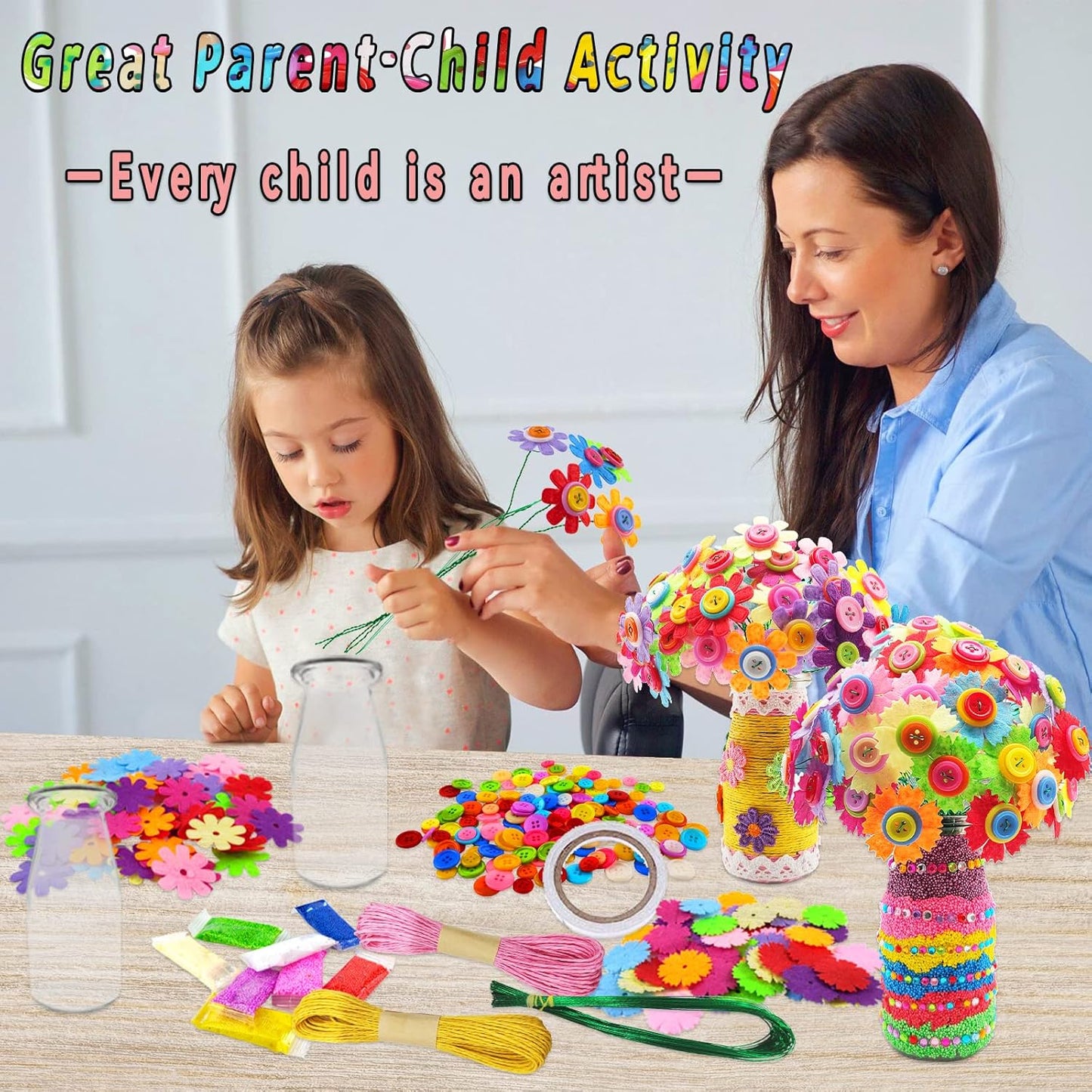 7july Crafts for Girls Ages 6-10 Make Your Own Flower Bouquet with Buttons and Felt Flowers, Vase Art and Craft for Children - DIY Activity Christmas Birthday Gift for Girls Age 6 7 8 9 10 Year Old