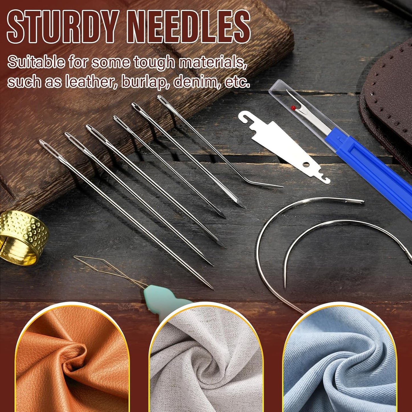 KAQRHFT Upholstery Repair Kit and Upholstery Needle, 0.55mm 98 Yard Waxed Thread with 8 Pcs Heavy Duty Leather Needles for Hand Stitching, Canvas & Quilting - Round Waxed Cord- Black/Brown/Beige