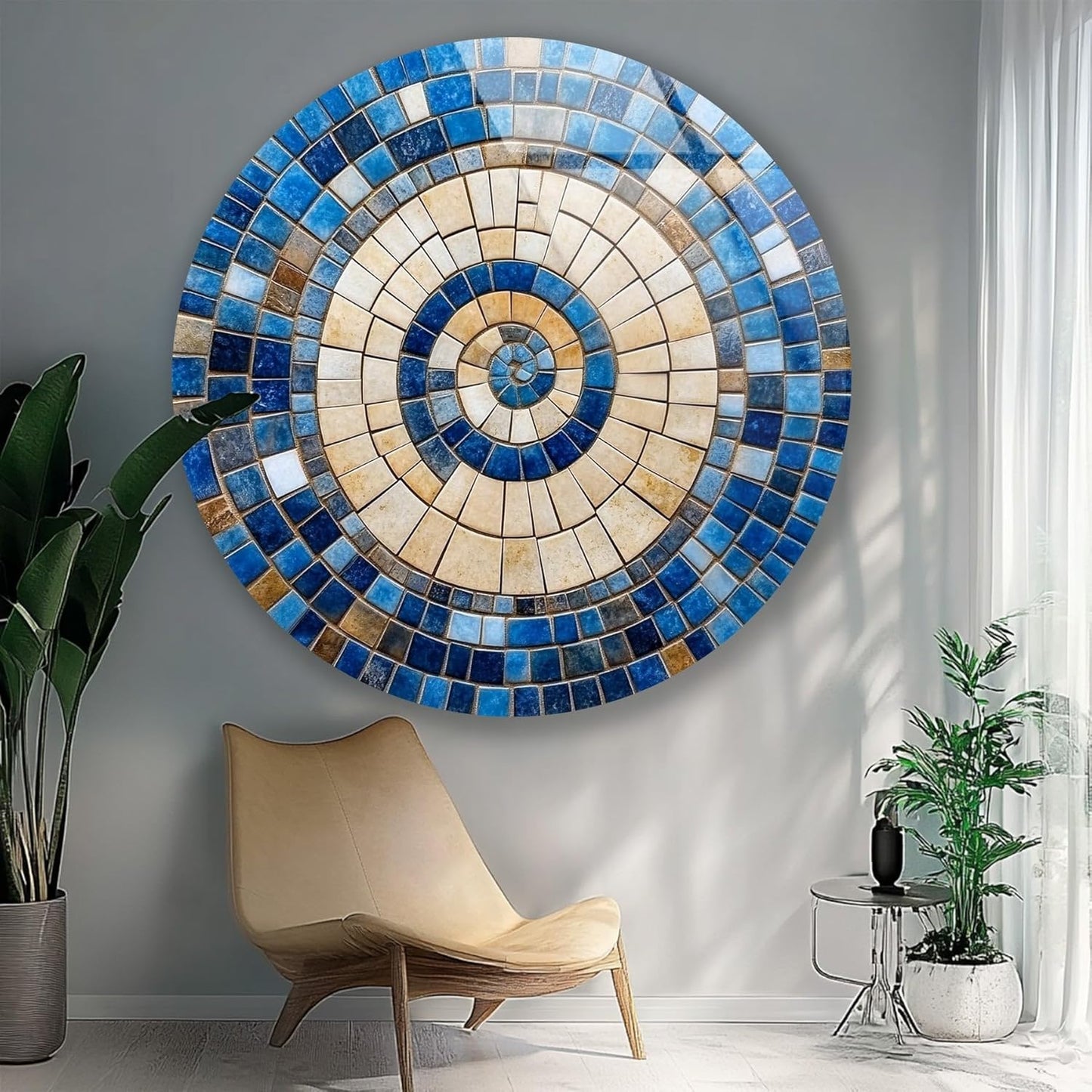 My Photostation.com 39,4''(100cm) Diameter Coastal Sunburst Beige & Blue Round Glass Wall Art Tempered Glass Printing Wall Decor Large Wall Art Wall Hangings