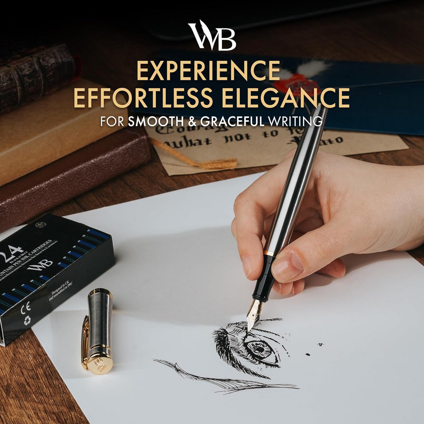 Wordsworth & Black Fountain Pen Set, 18K Gilded Extra Fine Nib, Includes 24 Pack Ink Cartridges, Ink Refill Converter & Gift Box, Gold Finish, Calligraphy, [Silver Gold], Perfect for Men & Women