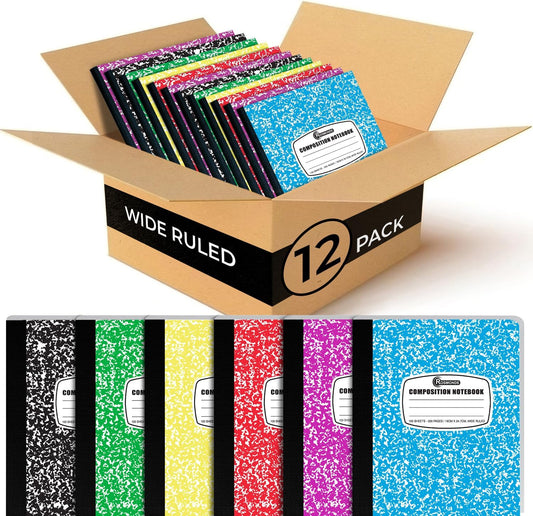Rosmonde 12 Pack Bulk Composition Notebook Wide Ruled, 200 Pages (100 Sheets), 9-3/4 x 7-1/2", Hard Cover Wide Ruled Notebook Bulk, Assorted Colors Composition Notebook For School, Colors May Repeat