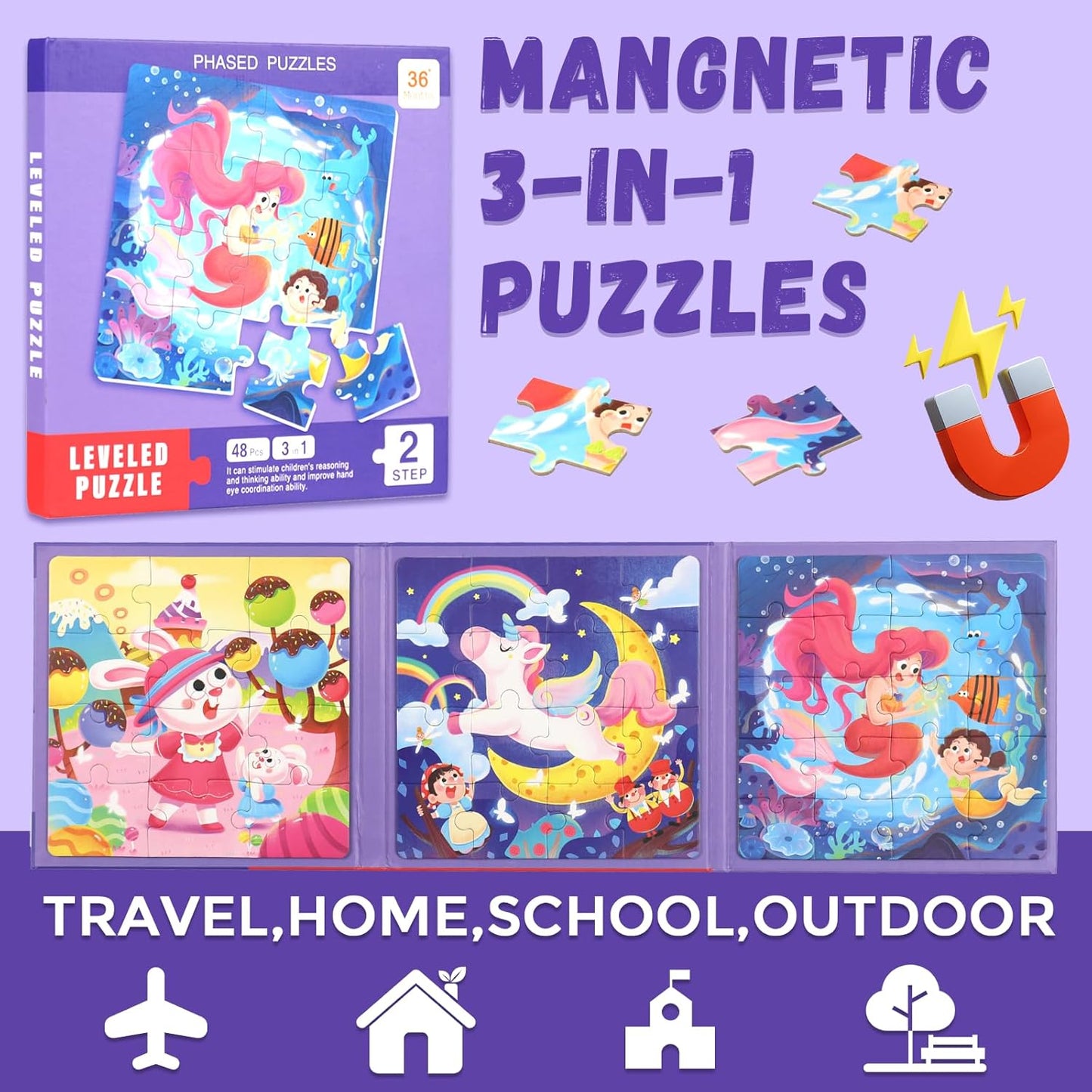 Magnetic Puzzles for Toddlers 1-3, Cartoon Mermaid Magnet 3 in 1 Jigsaw Puzzle, Kids Travel Puzzles Toys, Preschool Learning Toy for Kids 1-8 Year (Mermaid)
