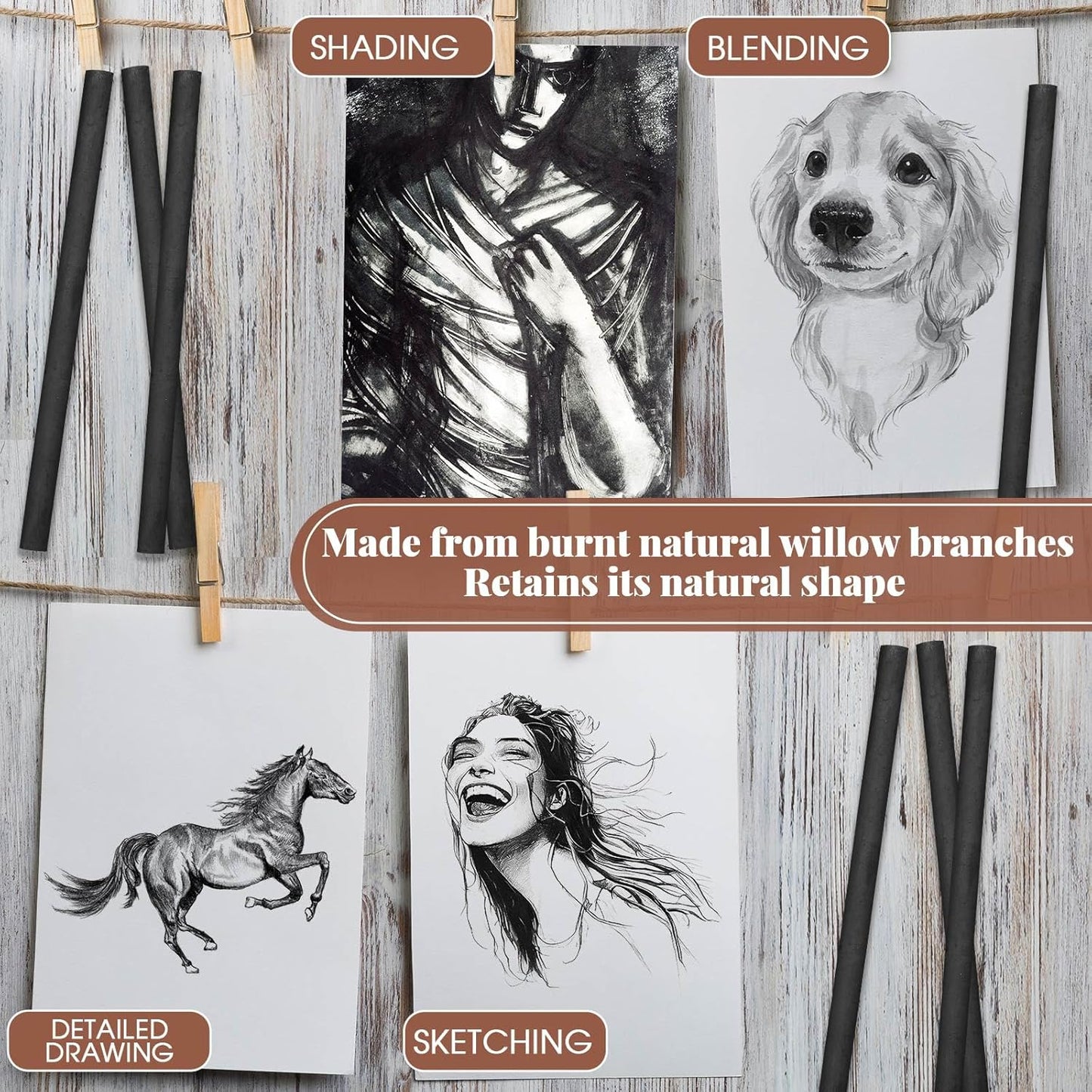 Gueevin 25 Pcs Willow Charcoal Sticks, Willow Charcoal, Artists, Beginners, Students, Perfect for Sketching, Drawing, Shading, and Fine Art Christmas Gifts for Art (5-7mm)