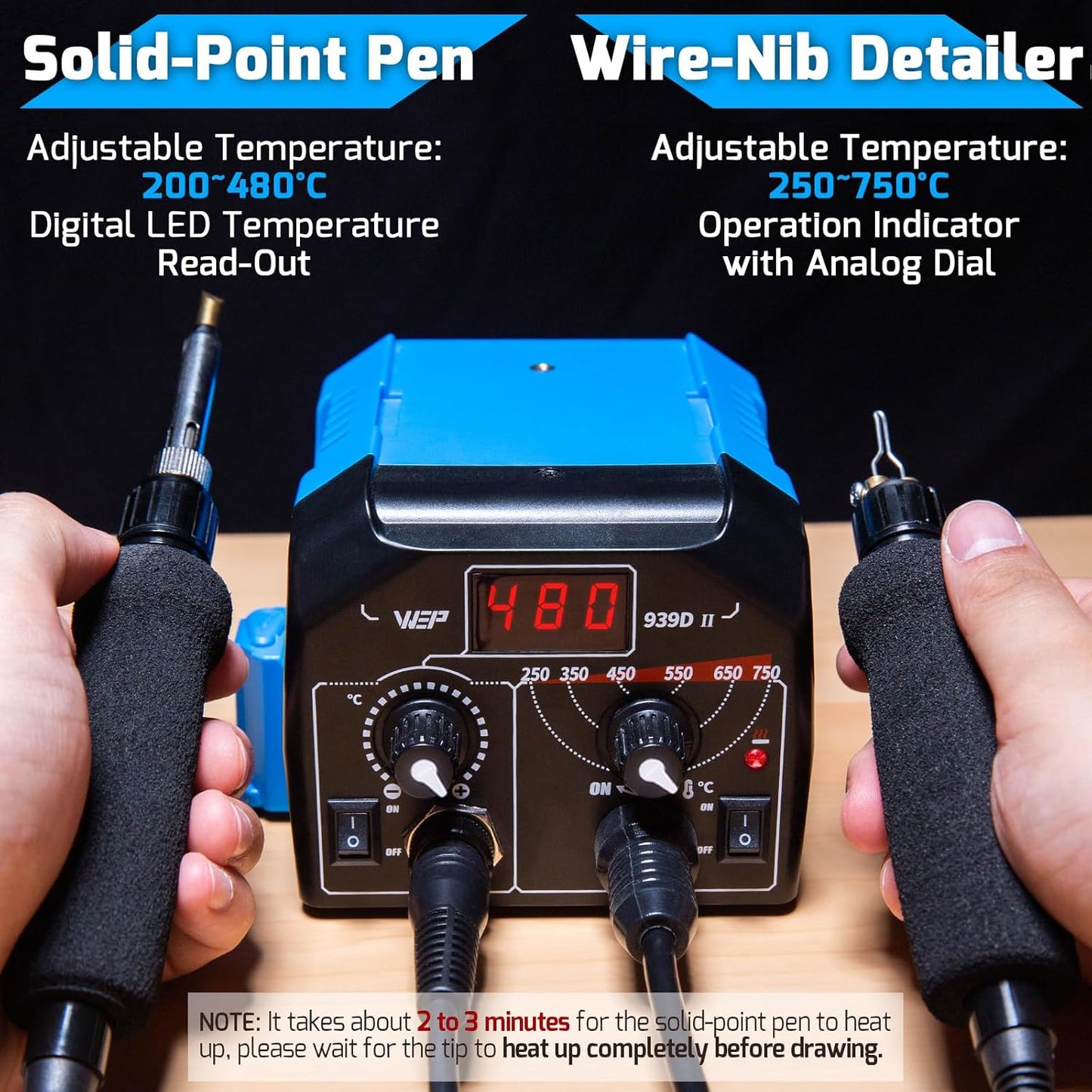 WEP 939D-II 2-IN-1 Wood Burning Kit 86-IN-1 with 51 Solid Points and 20 Wire Nibs Wood Burner with 2 Letter Number Stencils, 2 Unfinished Wood, 1 Pen Holder, Burning Tool