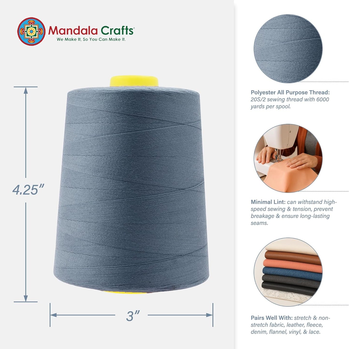 Mandala Crafts 4 Pack of Serger Threads Cones Spools - 20S/2 24000 Yards Polyester Slate Gray Threads for Sergers Machine and Overlock Quilting Sewing Machine