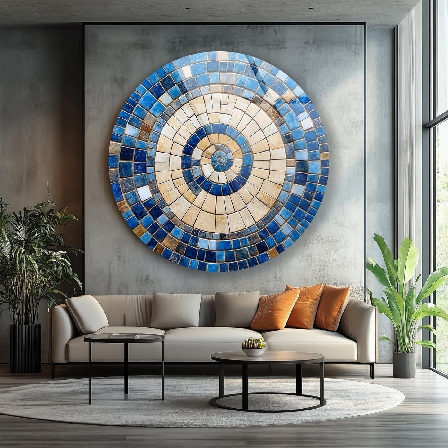 My Photostation.com 24''(60cm) Diameter Coastal Sunburst Beige & Blue Round Glass Wall Art Tempered Glass Printing Wall Decor Large Wall Art Wall Hangings