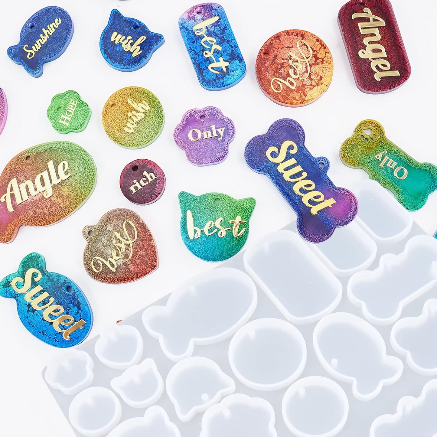 Actvty Pet Tag Resin Mold Silicone, Dog Tag Molds for Resin, Dog Bone Cat Shaped Keychain Silicone Resin Molds with 15Pcs Keychains DIY Crafts Making Tag Charm Pendant