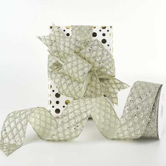 HUIHUANG Champagne Glitter Wired Ribbon for Christmas Tree 2.5 inch Light Champagne Diamond Mesh Ribbon for Tree Decoration, Wreaths, Garland, Gift Wrapping, Bows Making, Home Decor -10 Yards