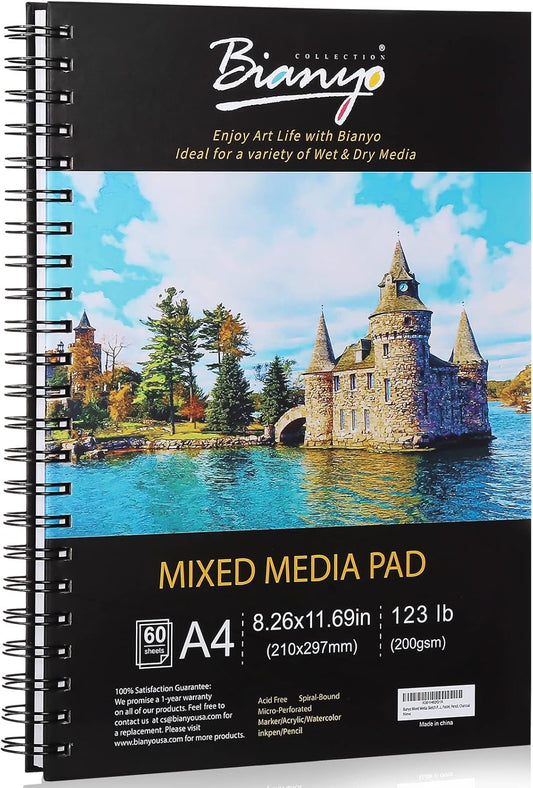 Bianyo Mixed Media Paper Pad, A4 (8.26" X 11.69"), 60 Sheets/Each, 123 LB/200 GSM, Pack of 1 Pad, Spiral-Bound Pad, Ideal for Wet & Dry Media Like Art Marker, Watercolor, Acrylic, Pastel, Pencil