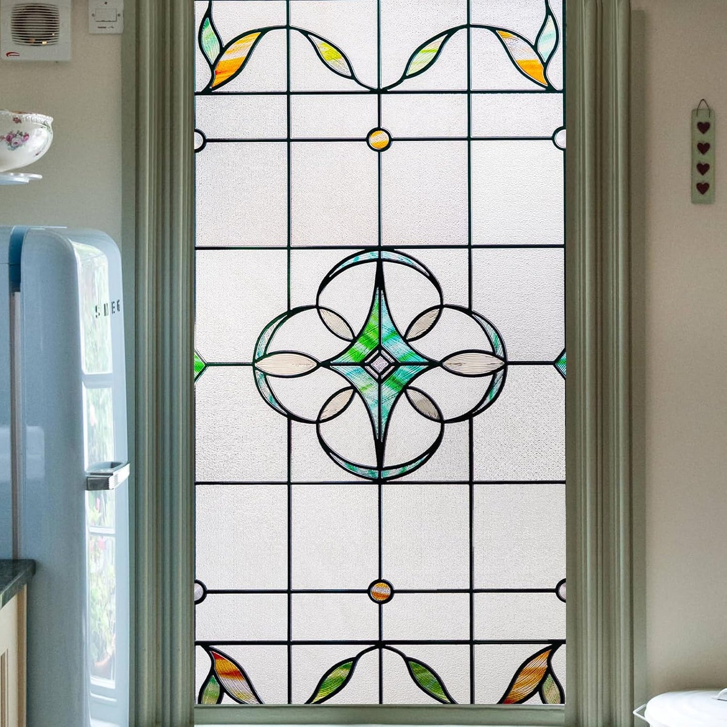 3D Stained Glass Window Privacy Film, Heat Control UV Blocking Static Cling Decorative Window Film for Bathroom,Front Door,Home Non Adhesive,16.9 x 78.7 inches Verdant Whispers