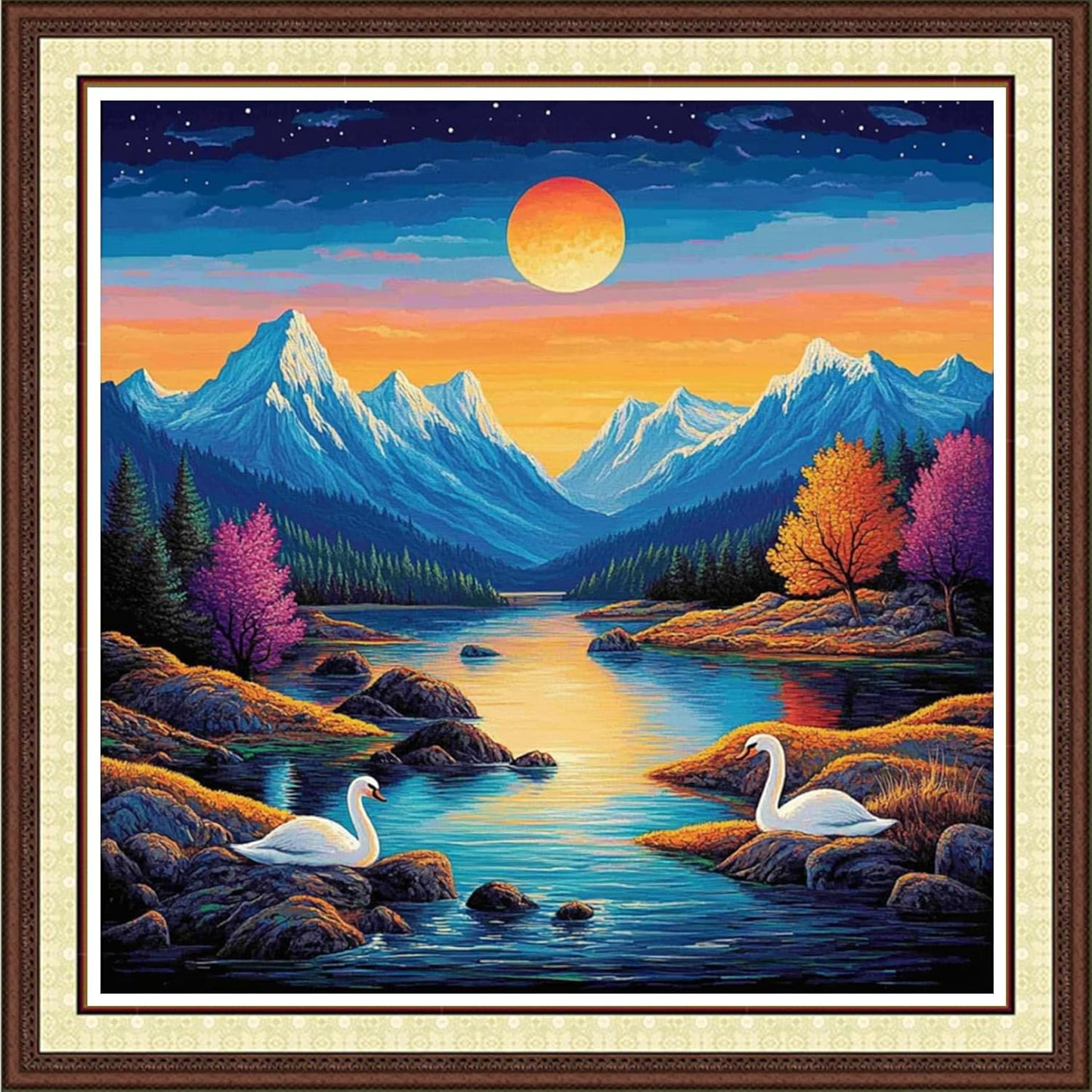 Findvoor Counted Cross Stitch Kits for Adults Full Range of Cross Stitching Embroidery Unprinted Pattern for Beginners, 11CT Needlepoint Kit Patterns Embroidery Kits-Moonlight Swan 18x18 inch