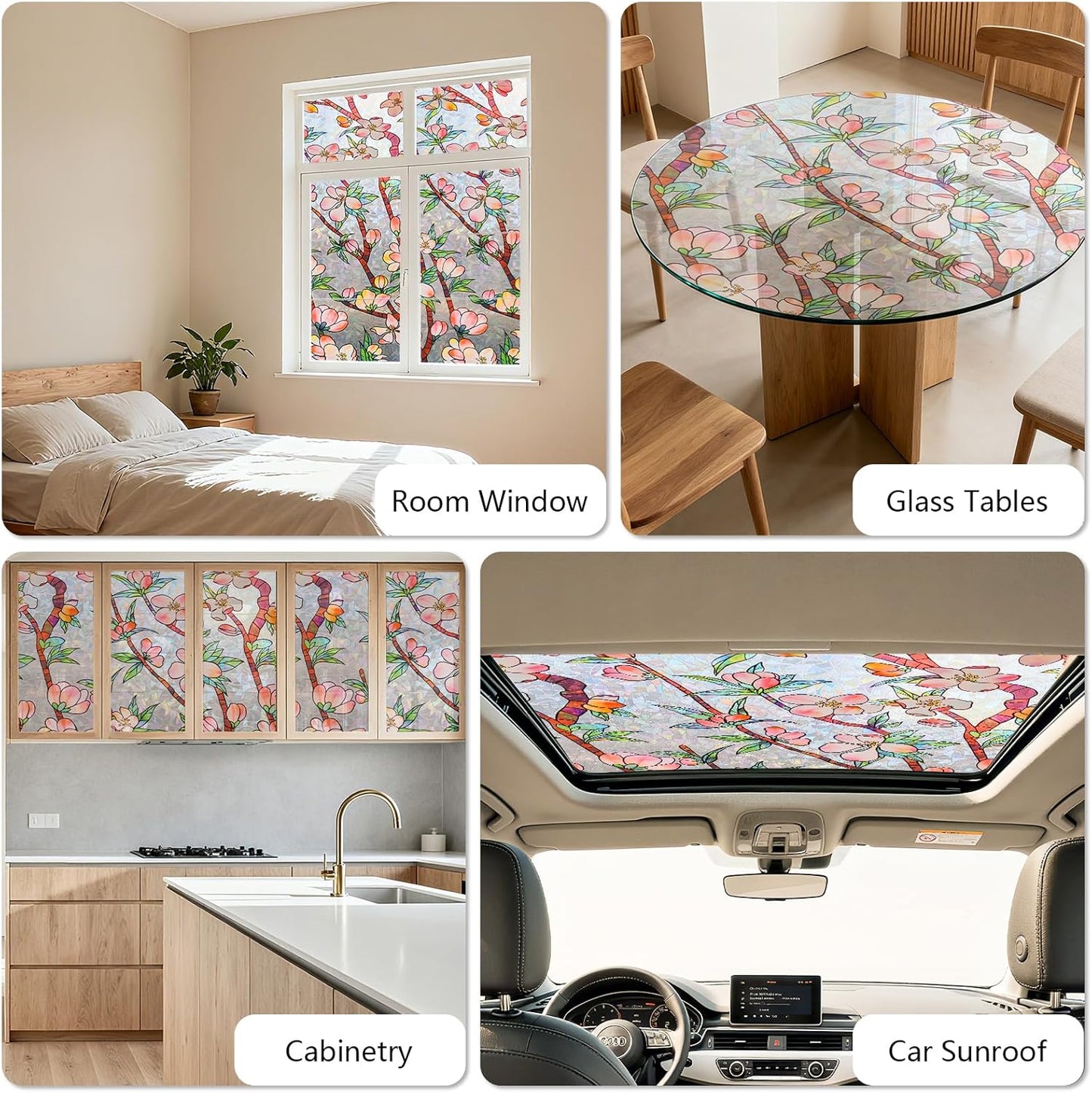 NINETREX Window Privacy Film,3D Stained Glass Window Film,Rainbow Static Cling Stickers Blocks Heat & UV,Non-Adhesive Vinyl for Home Door (Peach Blossom,17.5 x 157.4inch)