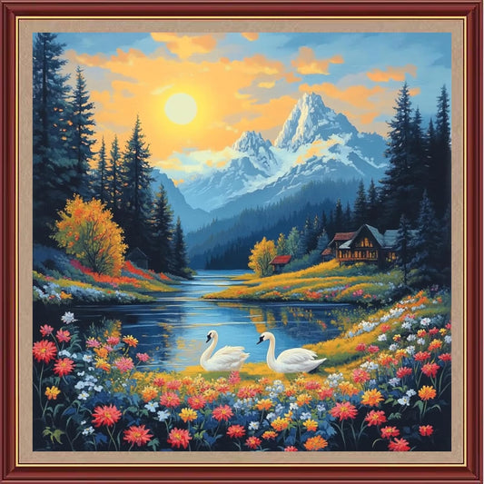 DMCXART Counted Cross Stitch Kits for Adults Needlepoint Kits Unprinted Cross Stitching Embroidery Kit 11CT Cross Stitch Supplies-Sunset Scenery 18x18 inch