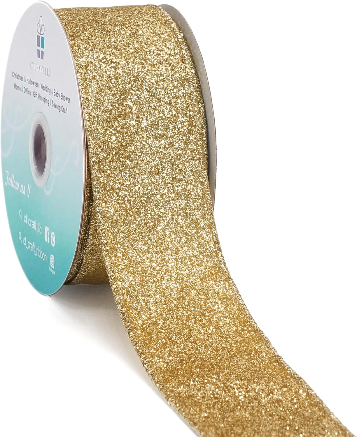 CT CRAFT LLC Glitter Wired Ribbon 1.5" x 10 Yards Light Gold for Christmas Home Decor Bow Gift Wrapping DIY Crafts Wreath