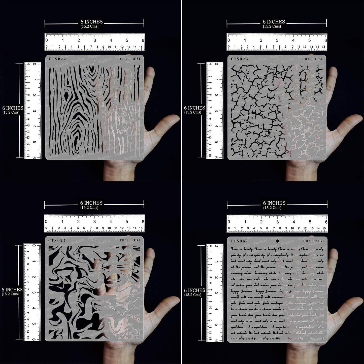 CrafTreat Reusable Pattern Stencils for Painting on Wood, Canvas, Paper, Fabric, Floor, Wall and Tile - Woodgrain, Crackle, Marble and Script - 4 Pcs - 6x6 Inches Each - DIY Art and Craft Stencils