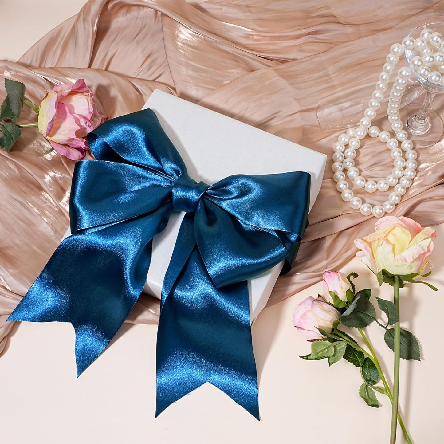 LaRibbons Navy Satin Ribbon 4 Inch 10 Yards Double Faced Luxury Dark Blue Silk Ribbon for Gift Wrapping Flower Bouquets Bow Christmas Wedding Party Decoration